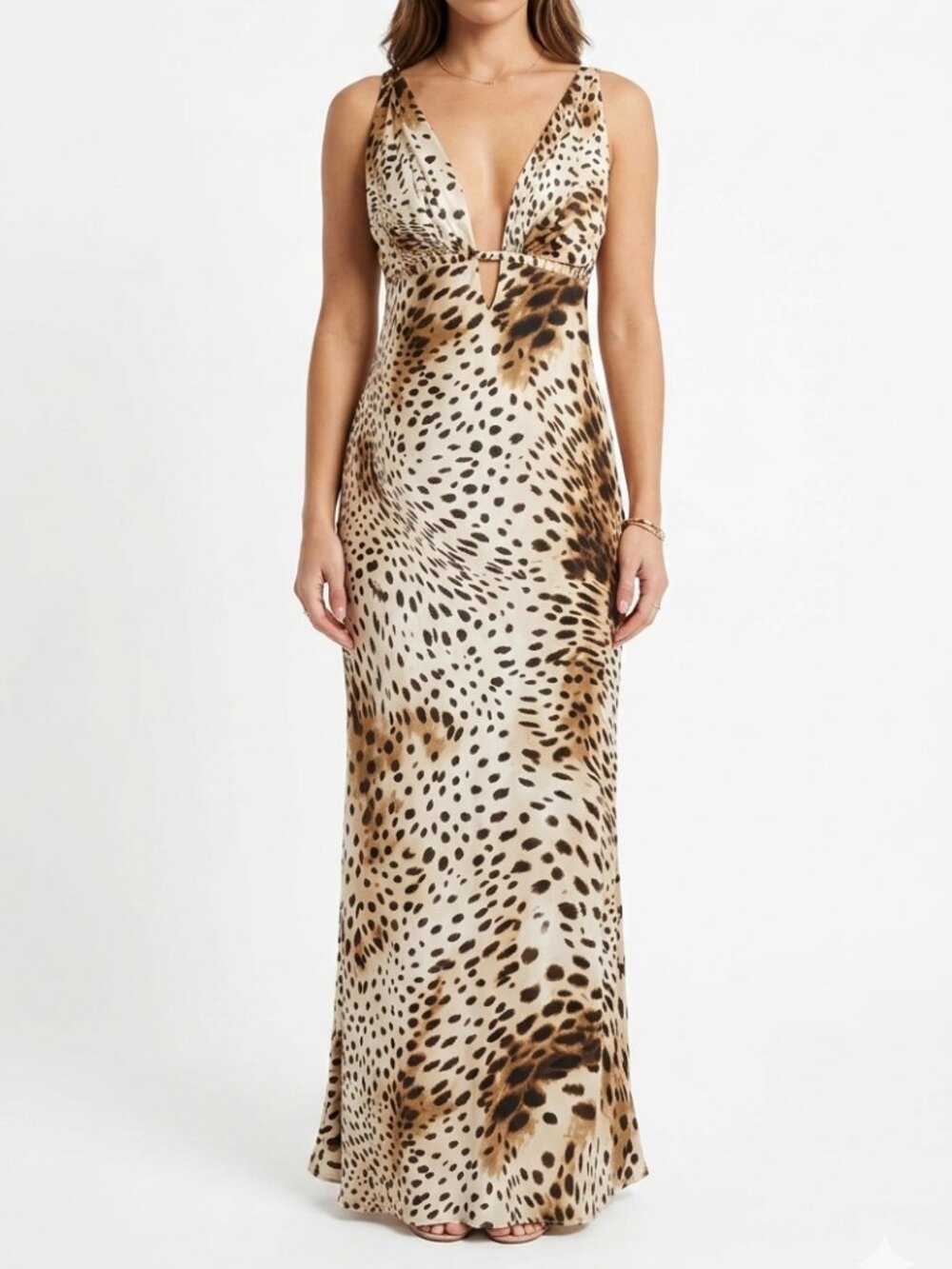 NATORI LEOPARD SATIN CUT OUT SLEEVELESS FULL LENGTH MAXI SLEEP SLIP GOWN DRESS